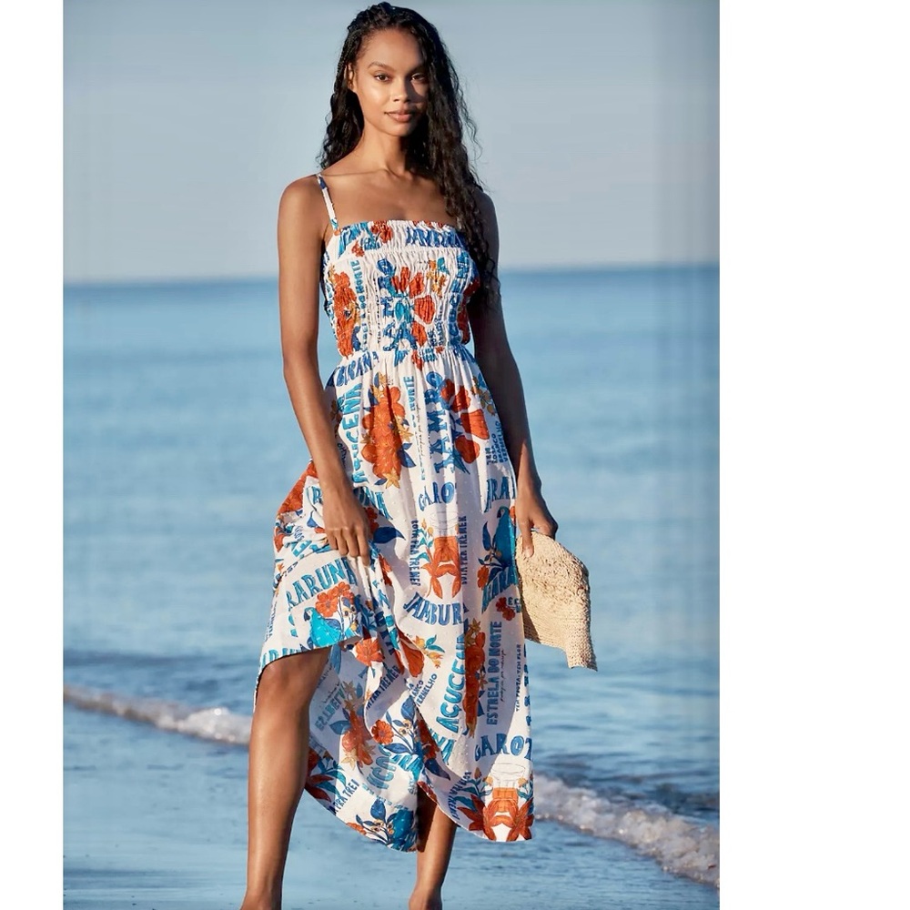 FARM Rio x Anthropologie Jamburana Floral Smocked Maxi Cover-up Dress Size Large